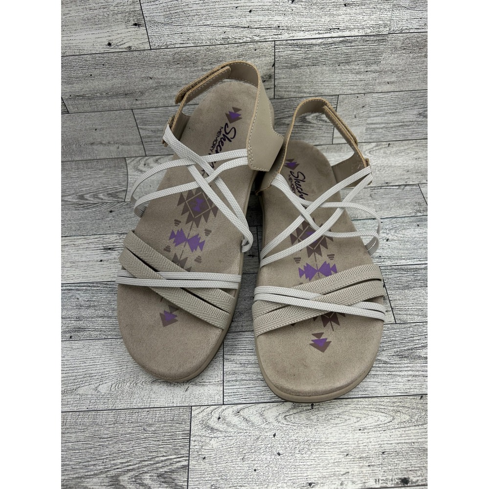Skechers Memory Foam‎ Strappy Sandals Beige Cream Southwestern Print Women Sz 8
